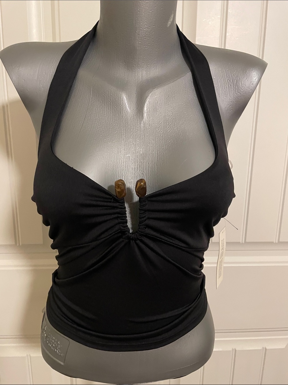 Derek Heart Black Halter Ruched Camisole with Wood Accents